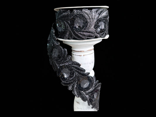 2.5" x 5YD Farrisilk Black Raven Quills Ribbon – Wired Designer Trim for Gothic & Halloween Decor-HR039-92 Farrisilk