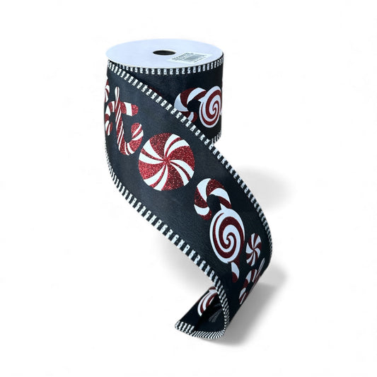 2.5"x10yd Candy Cane Stripe Wired Christmas Ribbon – Red White Peppermint on Black-RGC809702 Craig Bachman