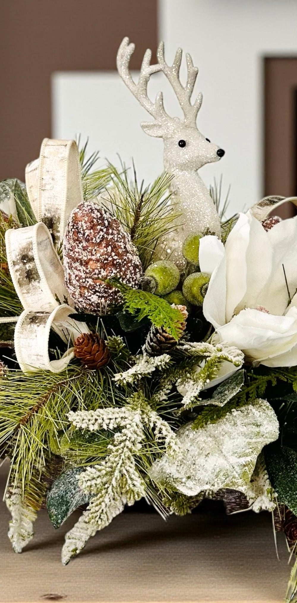 Rustic Woodlands Christmas Centerpiece with Deer, Snowy Magnolia & Birch Ribbon TCT Crafts