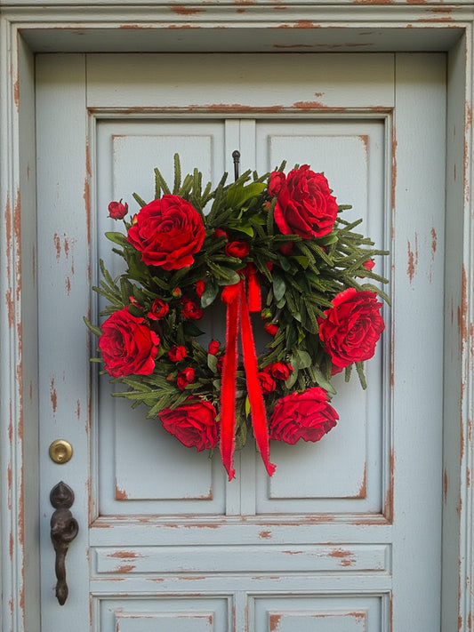 Red Rose Valentine Wreath with Lush Greenery