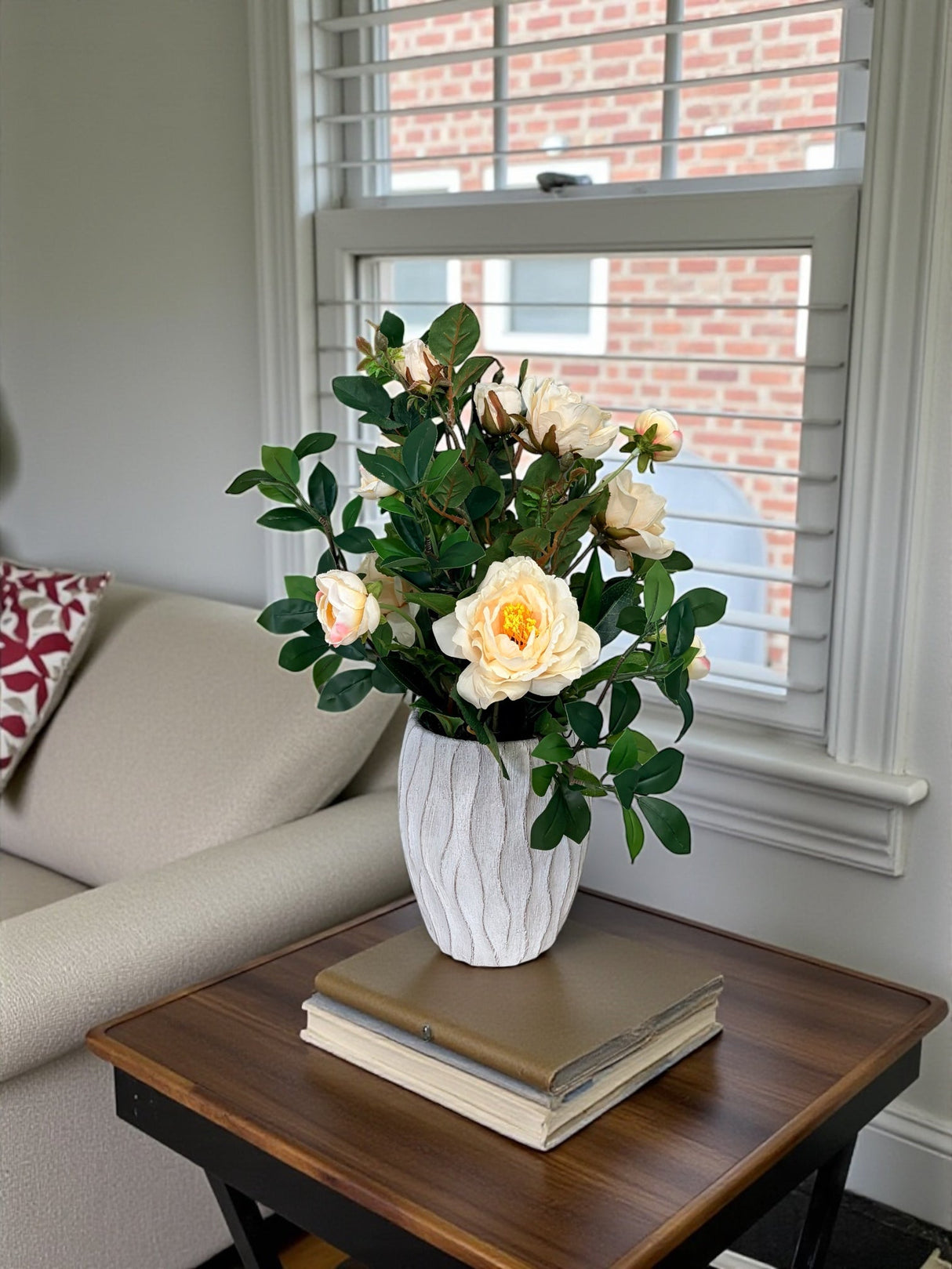 Artificial Cream Rose Arrangement in Cement Planter TCT Crafts