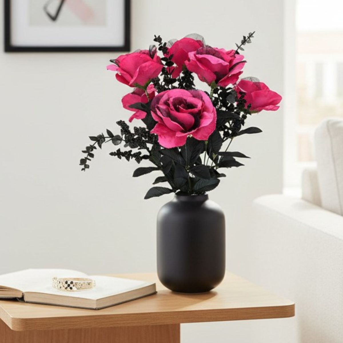 Artificial Pink and Black Rose Eucalyptus Bush — 20 Inch Halloween Wreath Supply-57342HTPK Liberty Floral