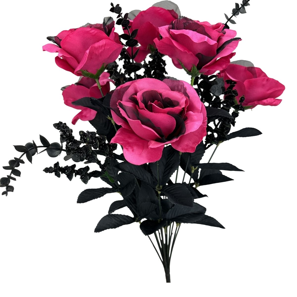 Artificial Pink and Black Rose Eucalyptus Bush — 20 Inch Halloween Wreath Supply-57342HTPK Liberty Floral