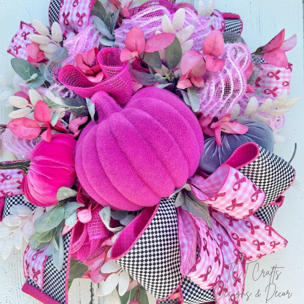 Breast Cancer Awareness Pink Pumpkin Wreath - Handcrafted Pink Ribbon Decor - Hope and Support-TCT1684 TCT Crafts