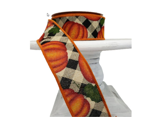 Pumpkin Check with Leaves-Natural/Orange/Yellow/Moss,Wired Fall Ribbon -R10209-18 RG Ribbon