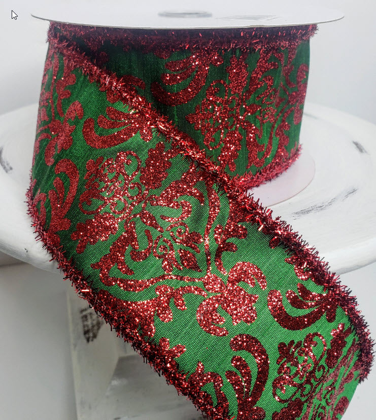 2.5"x10YD Bold Damask Red/Green Dupioni Tinsel Wired Christmas Ribbon