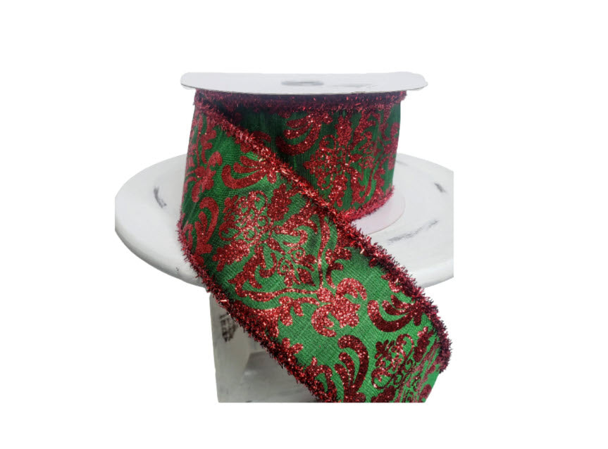2.5"x10YD Bold Damask Red/Green Dupioni Tinsel Wired Christmas Ribbon TCT Crafts