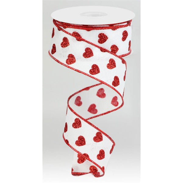 1.5"x10yd Roll of White/Red Glitter Valentine's Day Ribbon with Hearts - TCT Crafts -RGA173727 RG Ribbon
