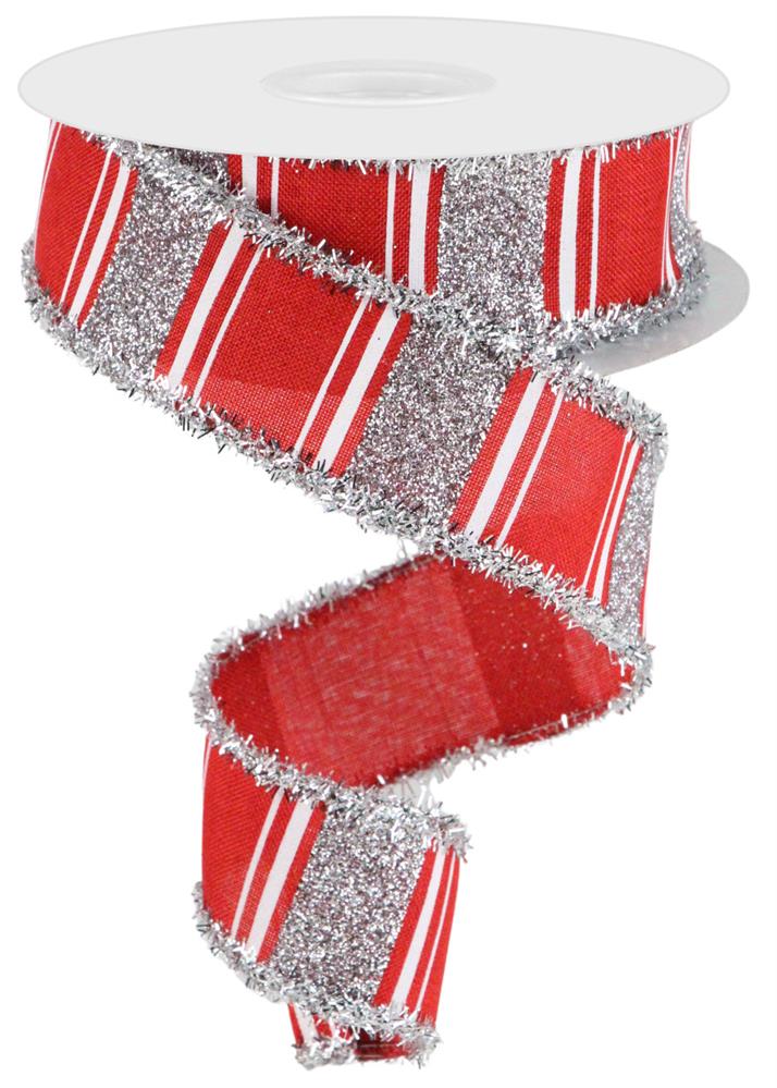 1.5"x10YD Multi Stripe Bold Glitter Tinsel Wired Christmas Ribbon - White/Red/Silver - Festive Sparkle for Holiday Crafts and Decor-RGA8273E2 TCT Crafts