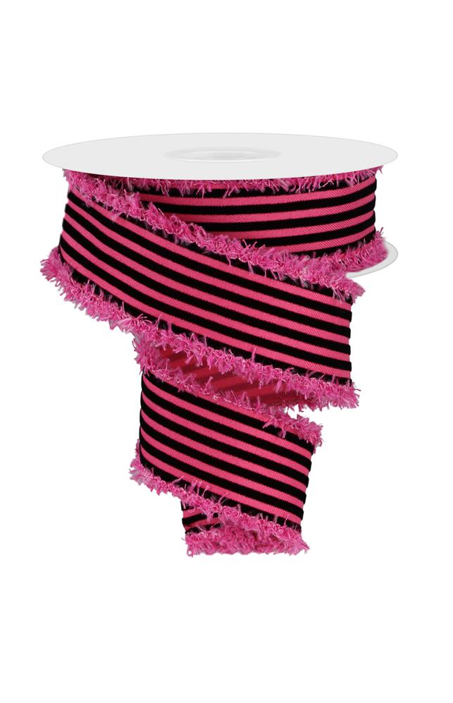 1.5"x10yd Hot Pink & Black Velvet Wired Ribbon – Vertical Stripes with Drift Edge for Crafts(RGA871811)