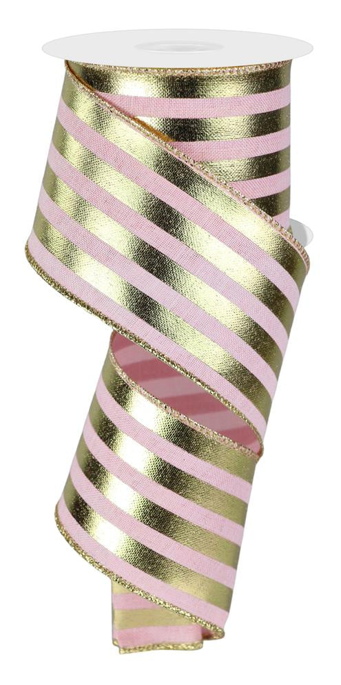 2.5"x10yd Pale Pink & Gold Metallic Striped Ribbon - Wired Ribbon for Crafts & Holiday Decor (RGE142915)