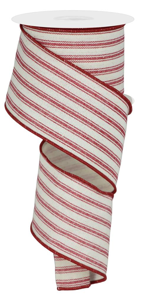 2.5"x10yd Ivory & Dark Red Ticking Stripe Cotton Wired Ribbon - Farmhouse Crafts and Rustic Decor (RGE155291)