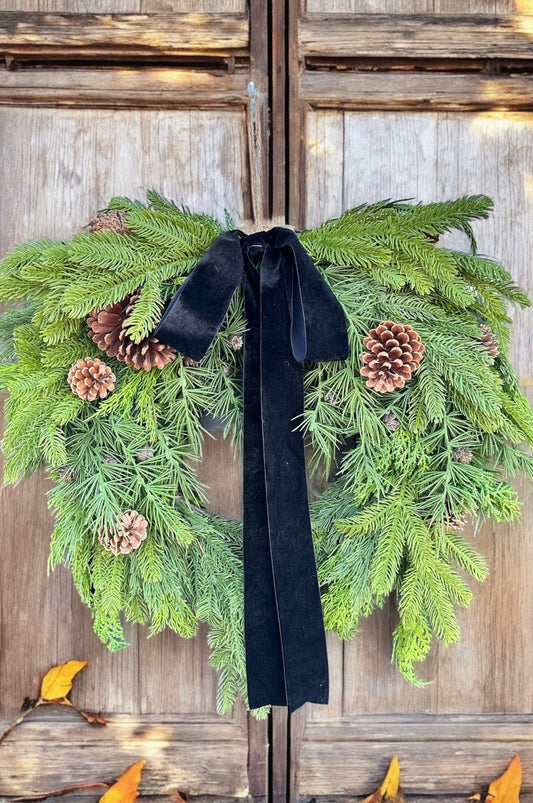 26" Mixed Evergreen Wreath with Pinecones & Velvet Ribbon - Rustic Holiday Decor