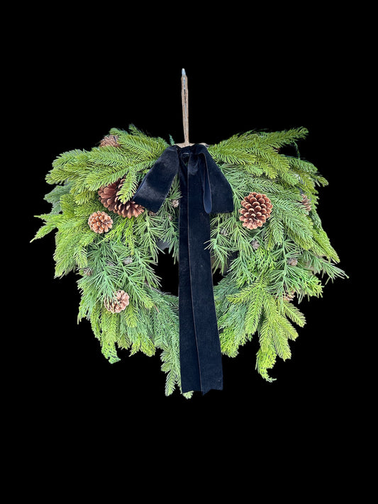 26" Mixed Evergreen Wreath with Pinecones & Velvet Ribbon - Rustic Holiday Decor