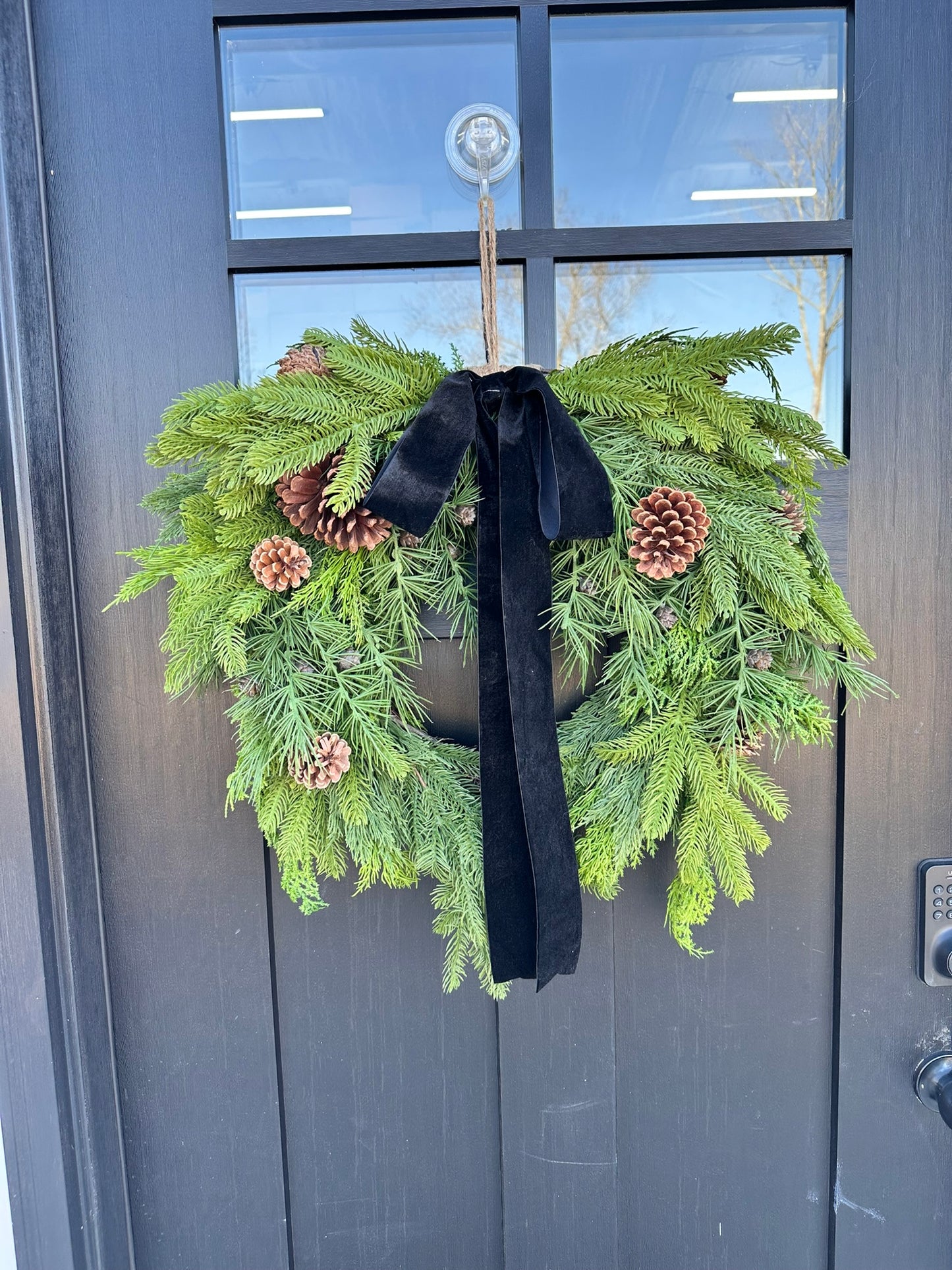 26" Mixed Evergreen Wreath with Pinecones & Velvet Ribbon - Rustic Holiday Decor