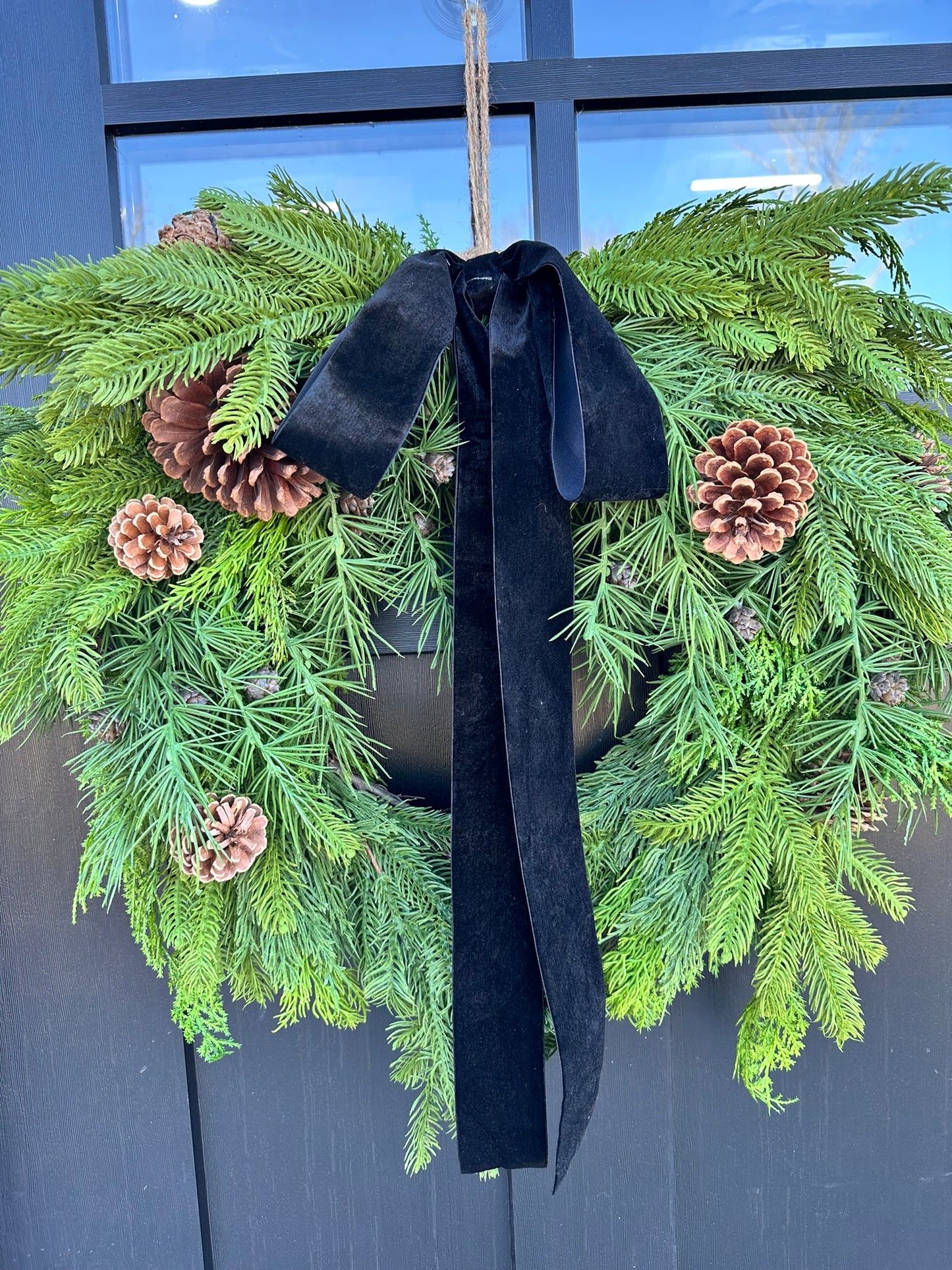 26" Mixed Evergreen Wreath with Pinecones & Velvet Ribbon - Rustic Holiday Decor