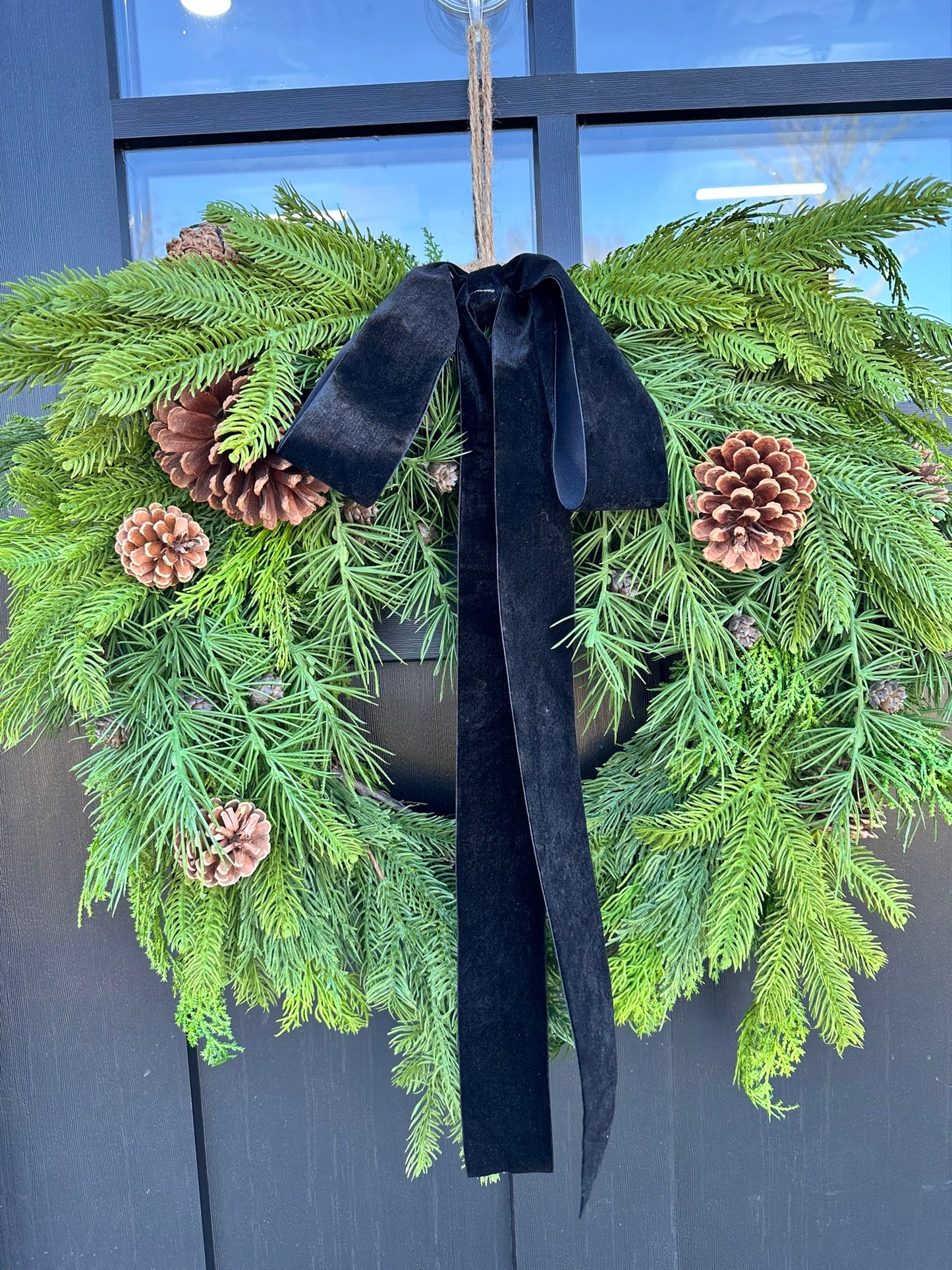 26" Mixed Evergreen Wreath with Pinecones & Velvet Ribbon - Rustic Holiday Decor
