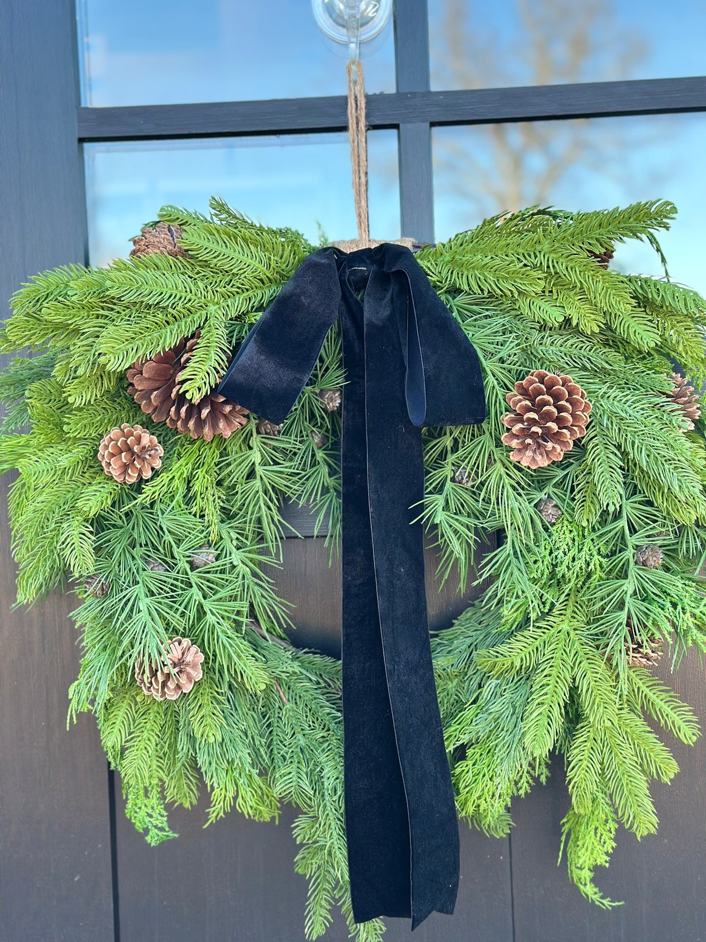 26" Mixed Evergreen Wreath with Pinecones & Velvet Ribbon - Rustic Holiday Decor