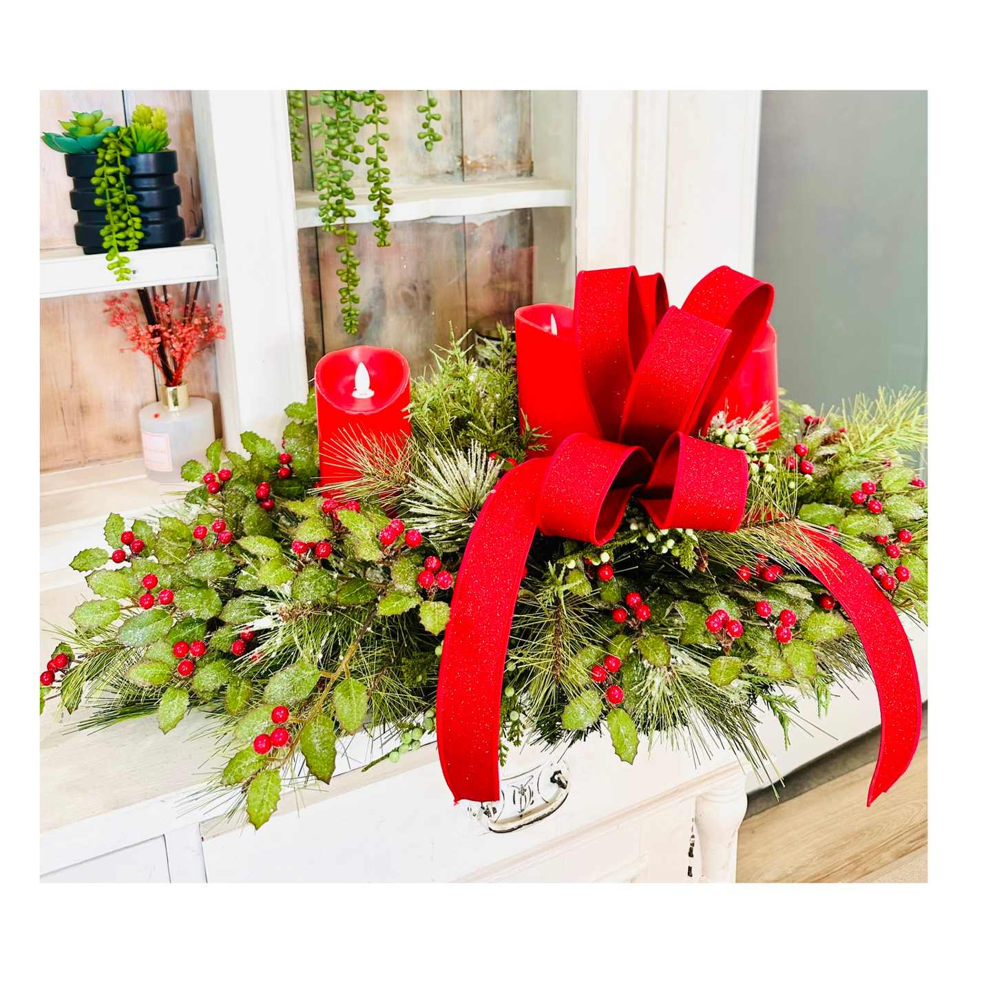 Christmas Candle Arrangement – Holiday Centerpiece with Pine, Holly & Optional Flameless Candles TCT Crafts