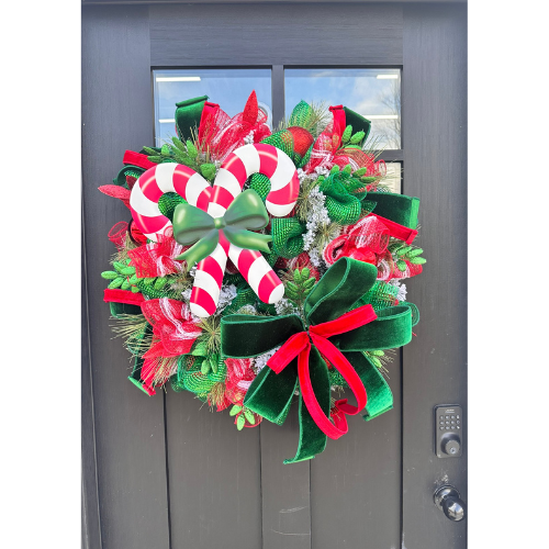 Red & Green Christmas Wreath with Candy Canes, Emerald Velvet Ribbon – 26" Festive Holiday Door Decor