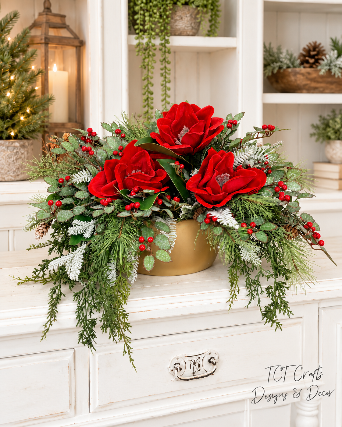 Red Velvet Magnolia Holly Christmas Arrangement - Gold Boat-2193 TCT Crafts Designs & Decor