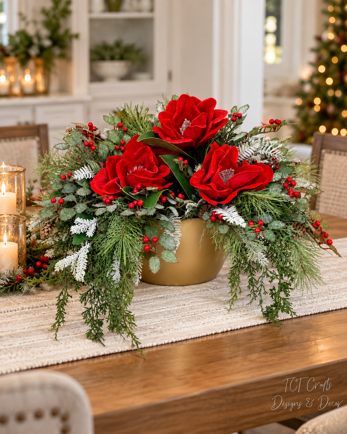 Red Velvet Magnolia Holly Christmas Arrangement - Gold Boat-2193 TCT Crafts Designs & Decor