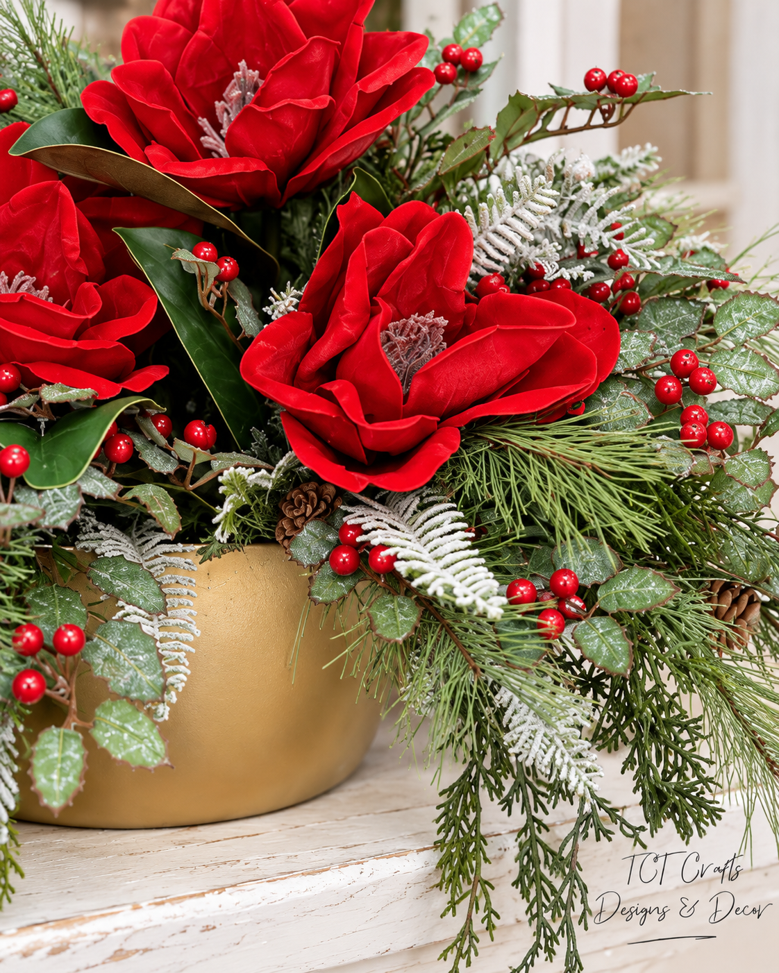 Red Velvet Magnolia Holly Christmas Arrangement - Gold Boat-2193 TCT Crafts Designs & Decor