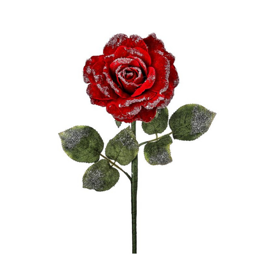 25" Red Velvet Rose Stem with Snow Frost – Artificial Christmas Rose Pick for Holiday Floral Arrangements-MTX74464 Regency