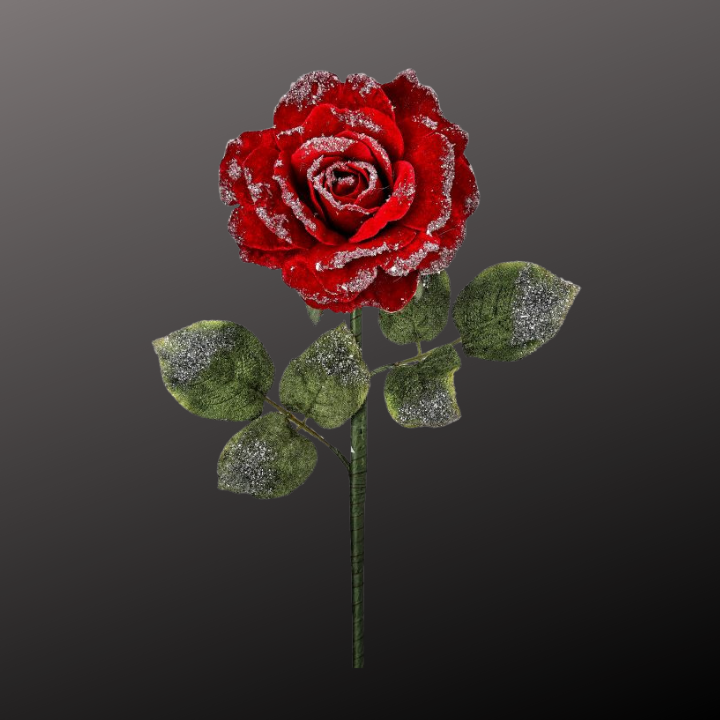 25" Red Velvet Rose Stem with Snow Frost – Artificial Christmas Rose Pick for Holiday Floral Arrangements-MTX74464 Regency