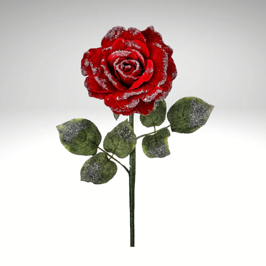 25" Red Velvet Rose Stem with Snow Frost – Artificial Christmas Rose Pick for Holiday Floral Arrangements-MTX74464 Regency