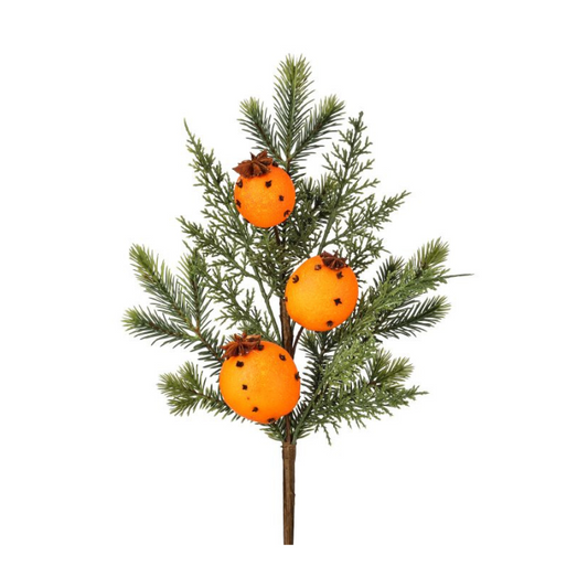 18" Evergreen Pick with Real Orange & Clove Scent – Holiday Faux Orange Pomander Pick, Christmas Floral Stem-MTX76741 Regency