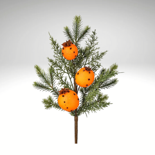 18" Evergreen Pick with Real Orange & Clove Scent – Holiday Faux Orange Pomander Pick, Christmas Floral Stem-MTX76741 Regency