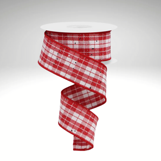 1.5"x10yd Red White Plaid Wired Ribbon with Silver Glitter – Holiday Craft & Bow Ribbon for Christmas Decor-RGE162356