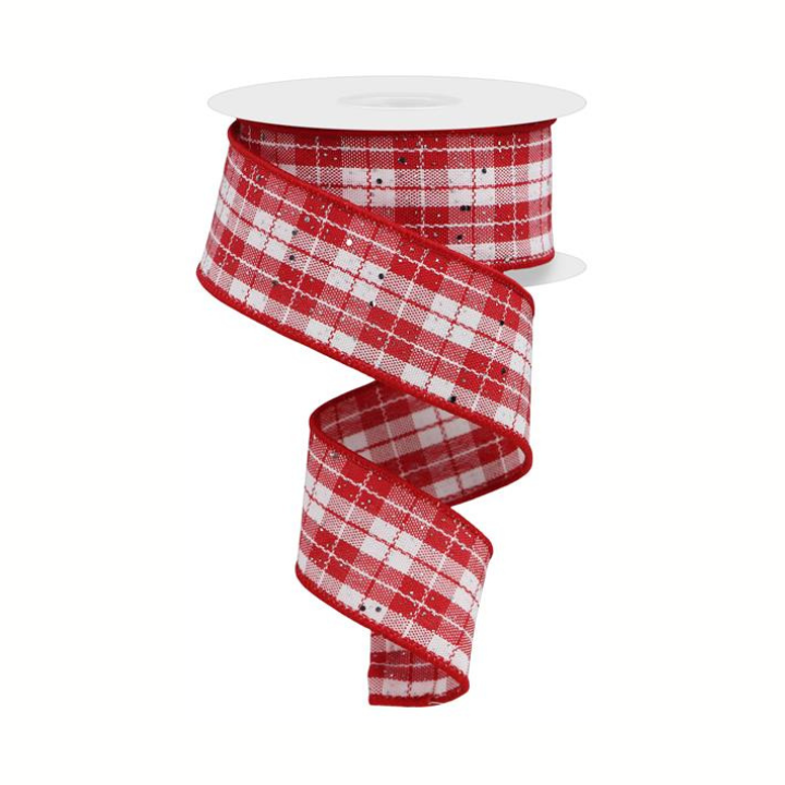 1.5"x10yd Red White Plaid Wired Ribbon with Silver Glitter – Holiday Craft & Bow Ribbon for Christmas Decor-RGE162356