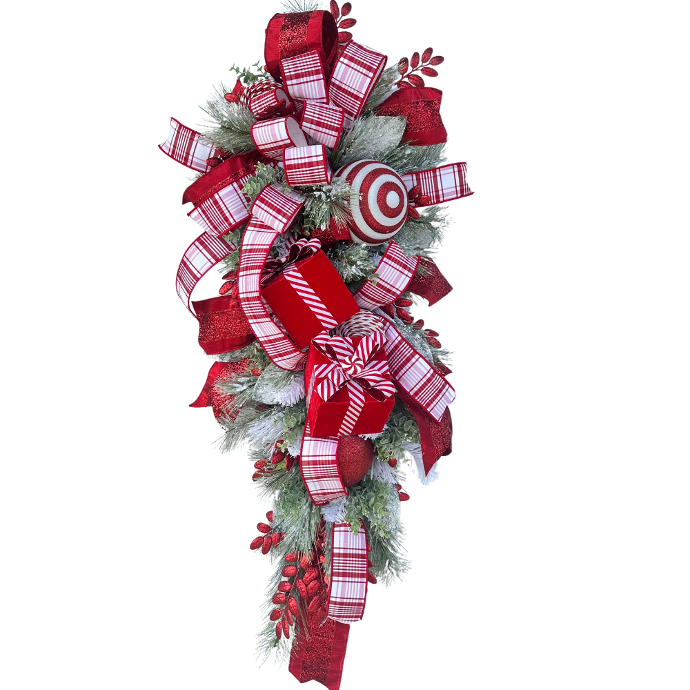 XL Artificial Pine Red & White Christmas Door Swag with Red Julian Plaid Ribbon - 50x20" Festive Door Decor - Designer Holiday Swag TCT Crafts