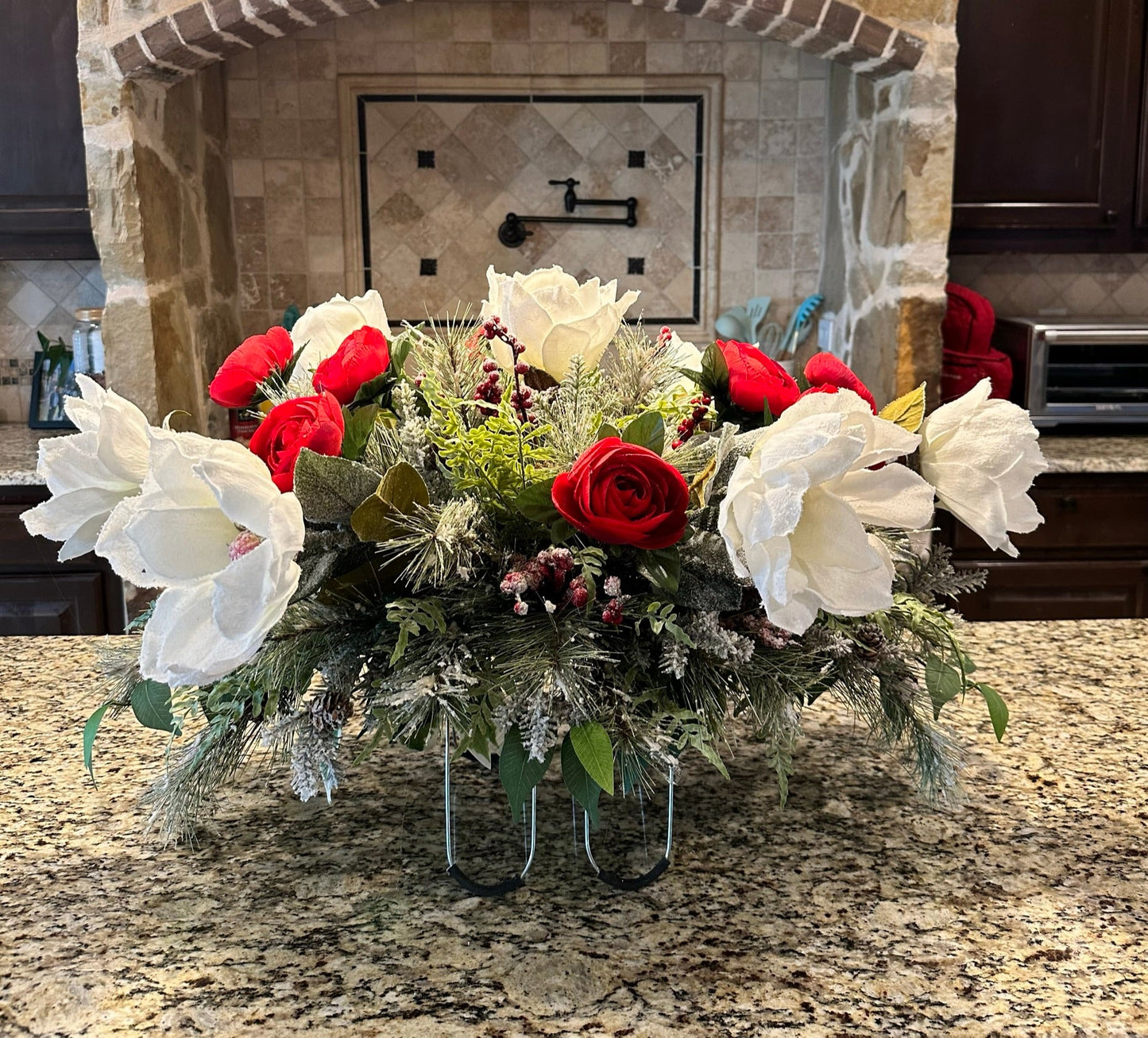 Christmas Cemetery Decoration - Elegant Winter Tombstone Hugger with Red and White Flowers - Memorial Floral Arrangement by TCT Crafts TCT Crafts