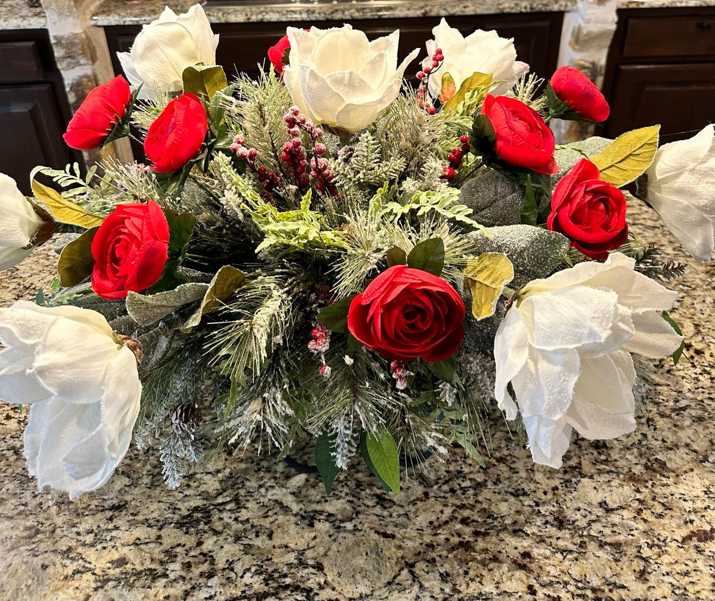 Christmas Cemetery Decoration - Elegant Winter Tombstone Hugger with Red and White Flowers - Memorial Floral Arrangement by TCT Crafts TCT Crafts