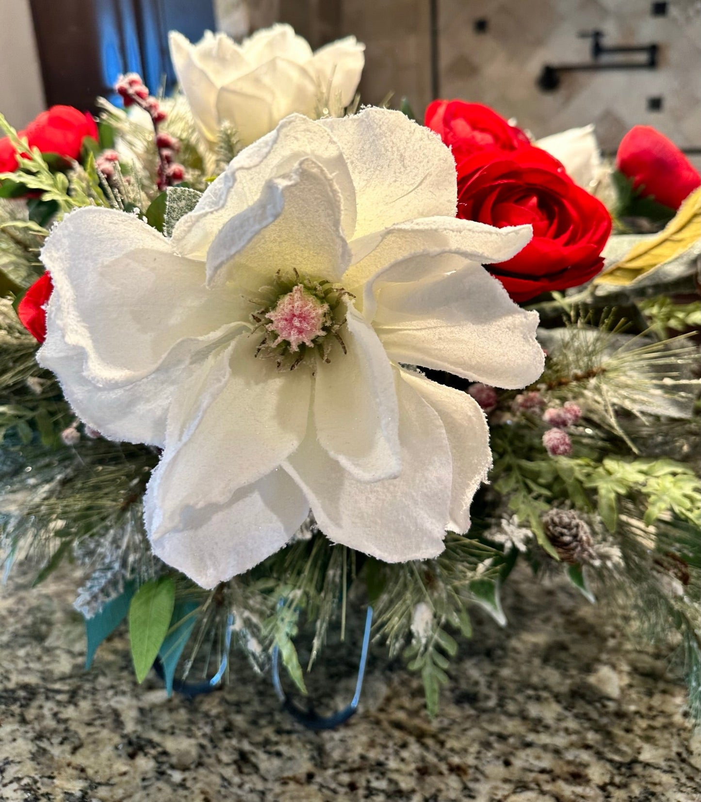 Christmas Cemetery Decoration - Elegant Winter Tombstone Hugger with Red and White Flowers - Memorial Floral Arrangement by TCT Crafts TCT Crafts