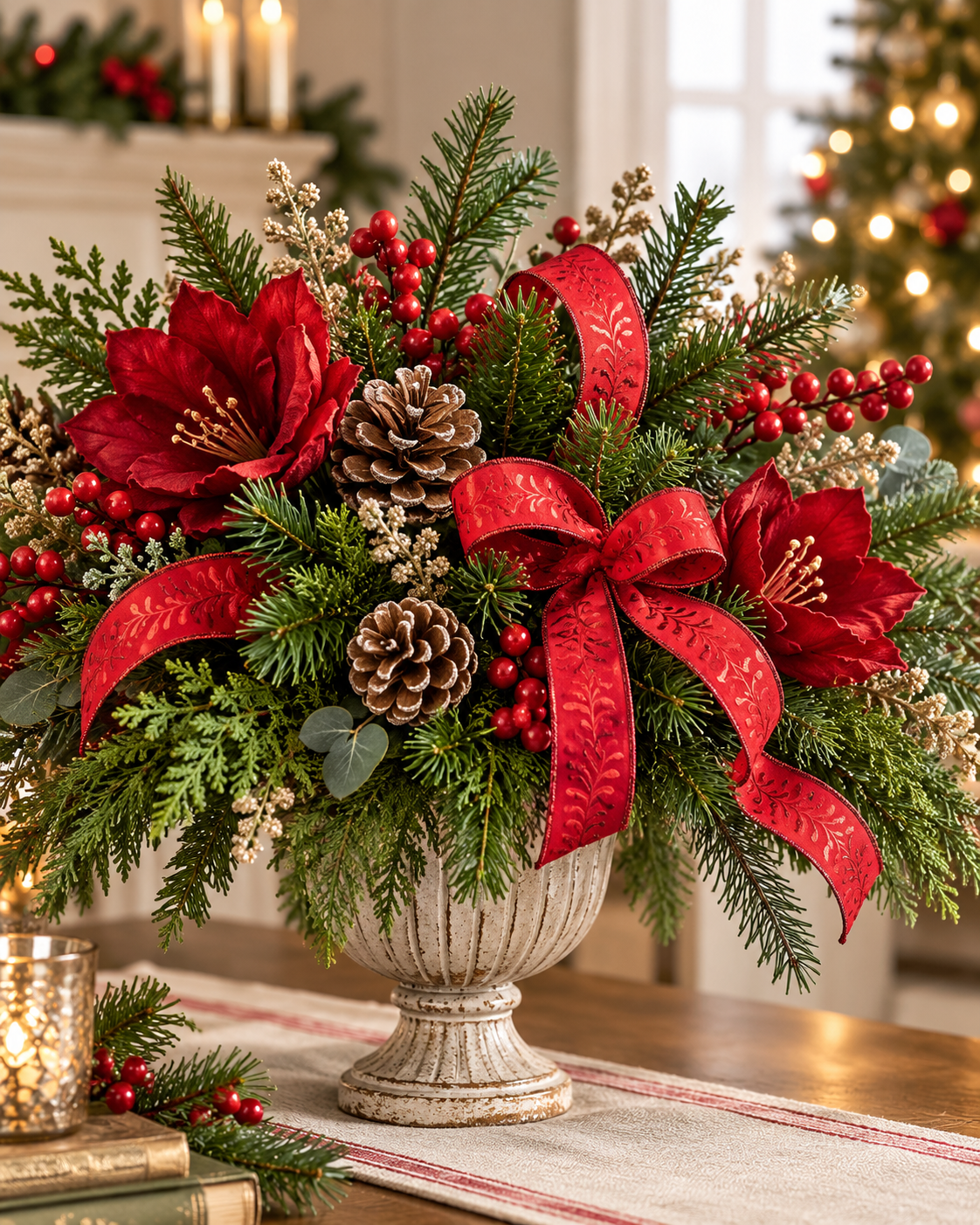 Red Foil Leaf Garland Ribbon | Wired Christmas Wreath Ribbon | 1.5" x 10yd-LS301924 Craig Bachman
