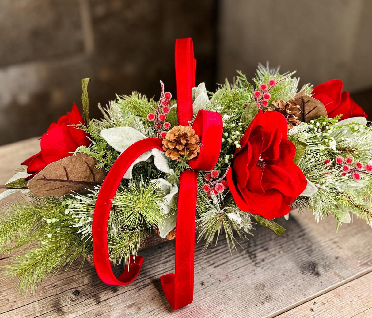 Red Velvet Magnolia Christmas Centerpiece | Wooden Tray Holiday Arrangement TCT Crafts