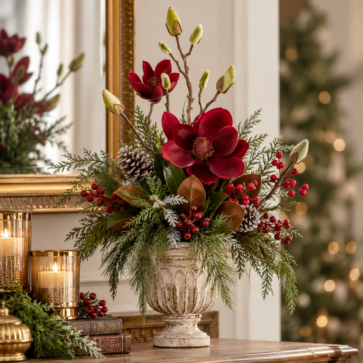 Red Velvet Magnolia Stem | 2 Blossom Christmas Faux Floral Stem | 27"-56707A K & K Interiors