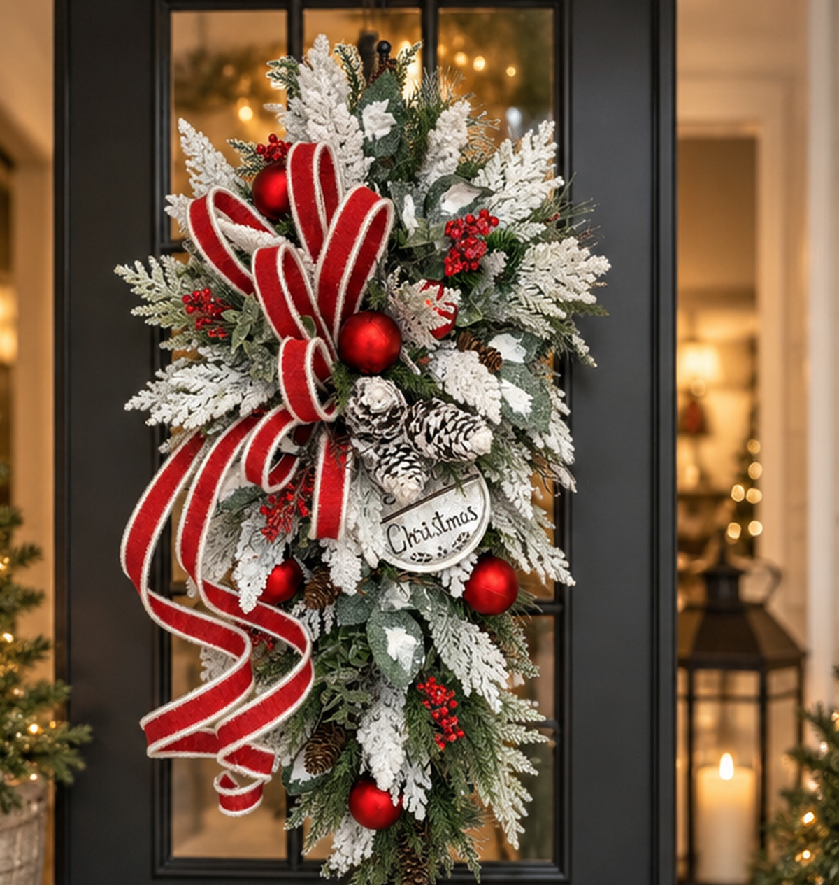 Snowy Cedar Christmas Door Swag with Red Ornaments & Burlap Ribbon-2210 TCT Crafts