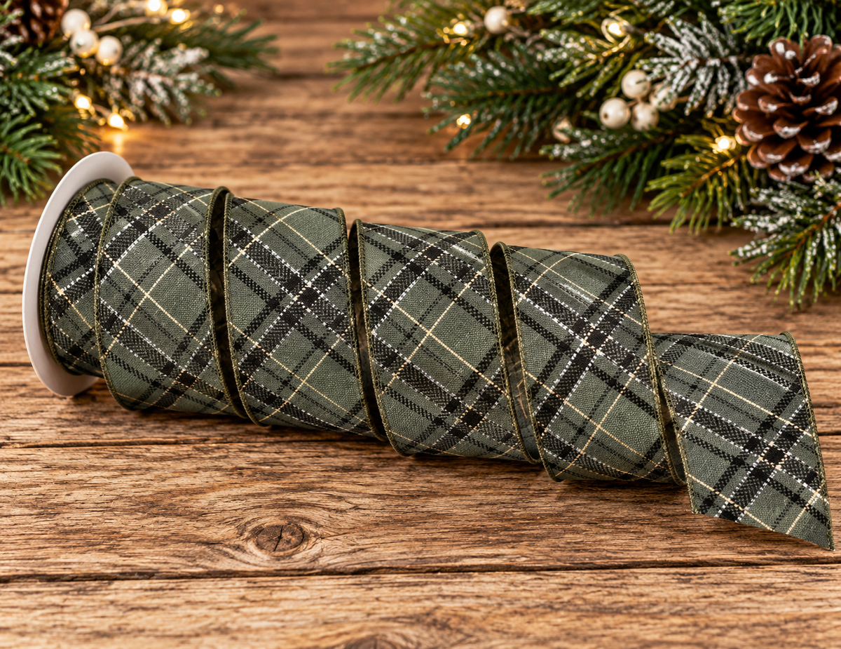 Regency Olive Gentleman's Plaid Ribbon | Gold Metallic Wired Ribbon | 2.5" x 10yd-MTX74152 Regency International