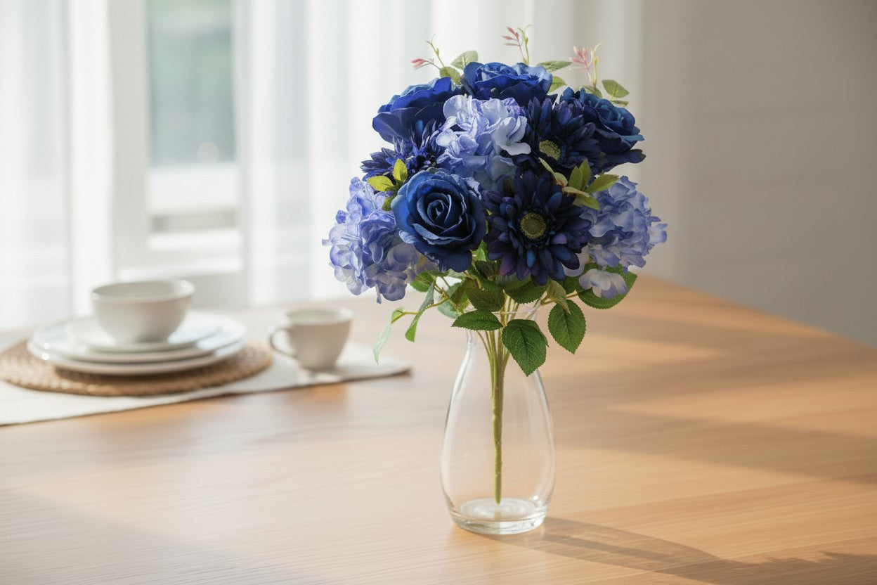 20 Inch Blue Rose Hydrangea Bush Artificial Floral Stem for Arrangements-60126 RO.BLUE Golden Bell