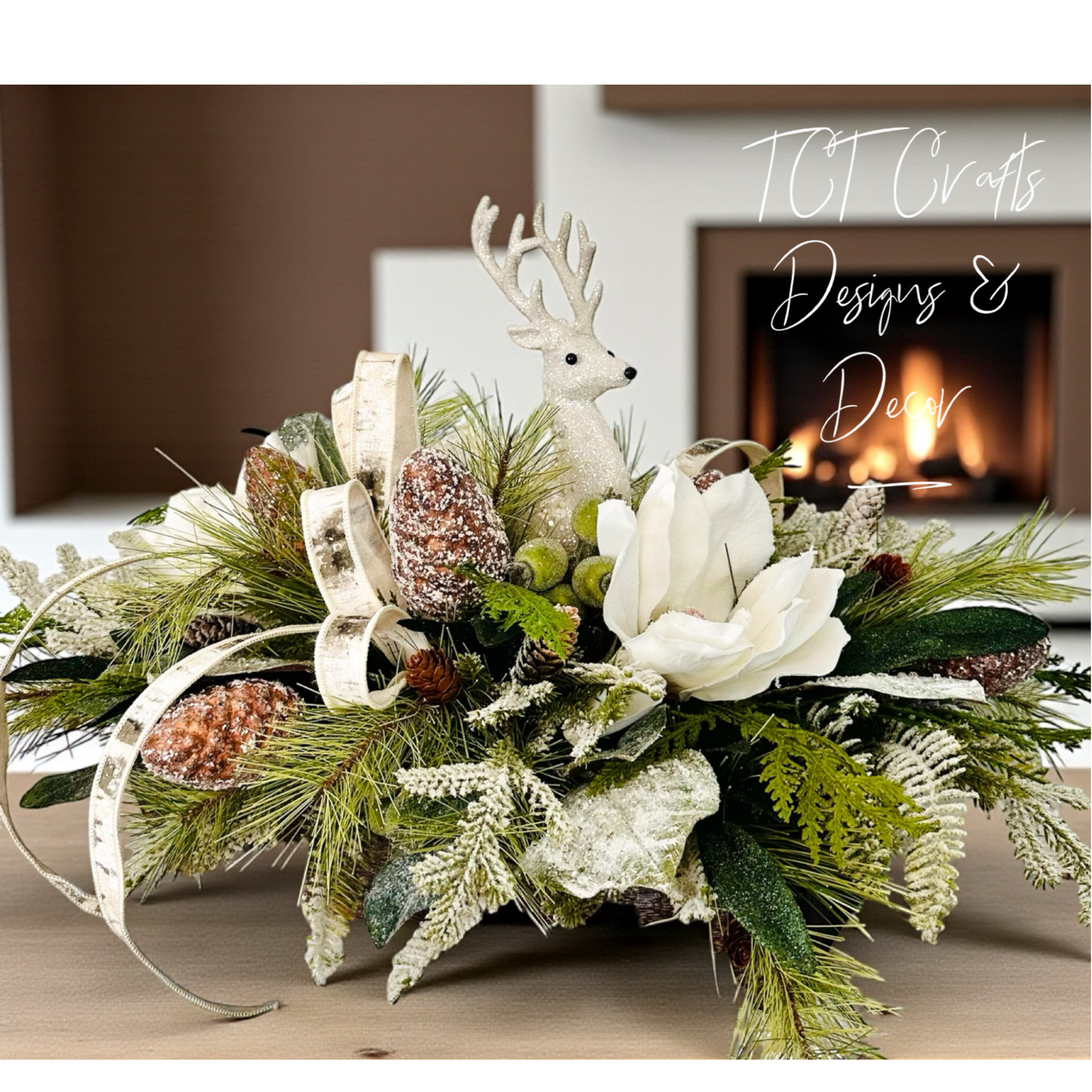 Rustic Woodlands Christmas Centerpiece with Deer, Snowy Magnolia & Birch Ribbon TCT Crafts