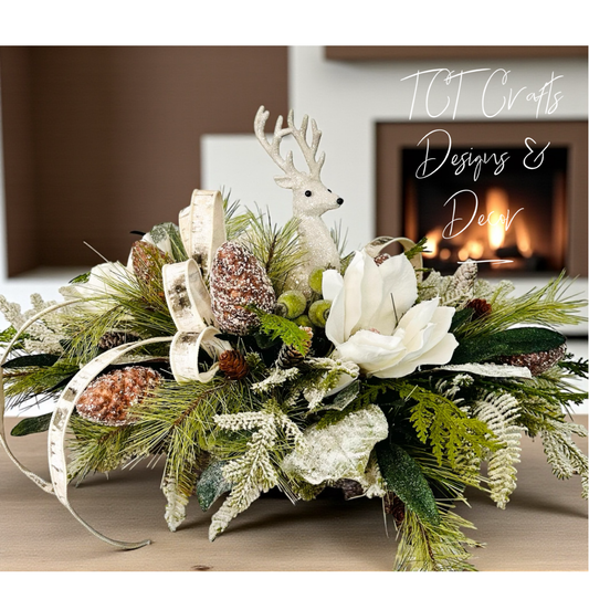 Rustic Woodlands Christmas Centerpiece with Deer, Snowy Magnolia & Birch Ribbon TCT Crafts