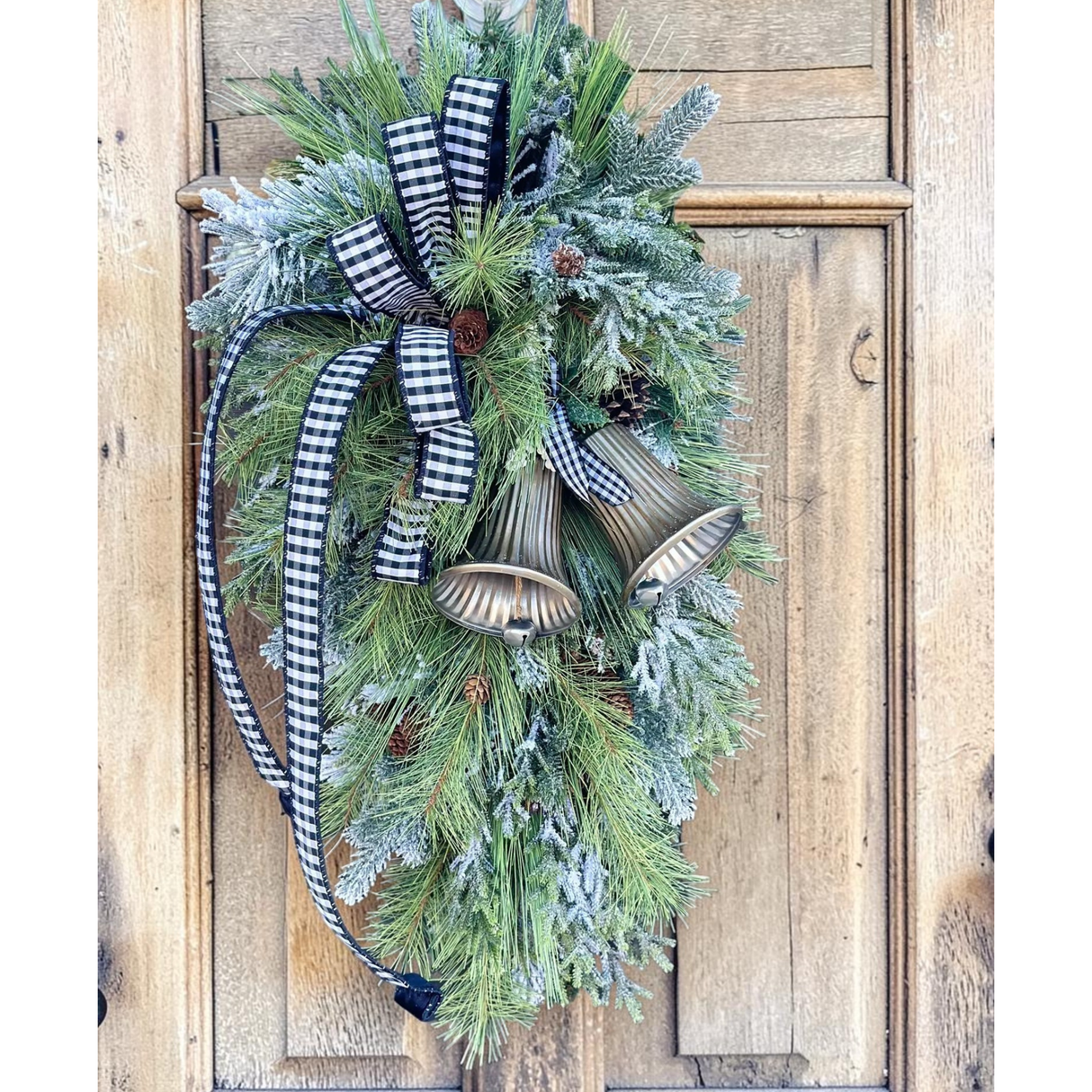Farmhouse Buffalo Check Winter Swag with Bells | Rustic Christmas Door Decor | Large Greenery Holiday Swag 34"x16 TCT Crafts