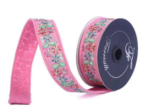 Farrisilk Gilded Blooms Pink Wired Ribbon 1.25x5yd-SR142-74 Farrisilk