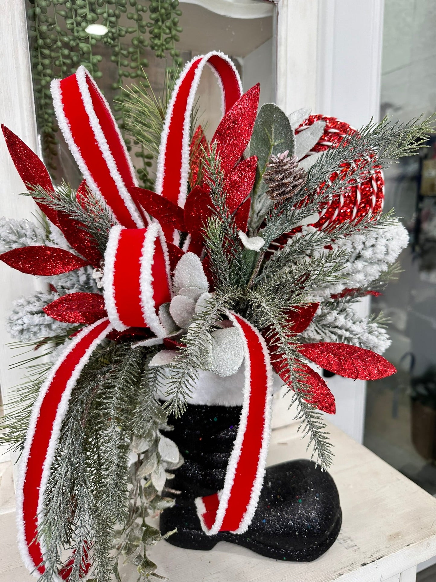 Festive Santa Boot Christmas Centerpiece | 25" x 16" Holiday Arrangement with Artificial Pine, Lollipops, and Glitter Accents