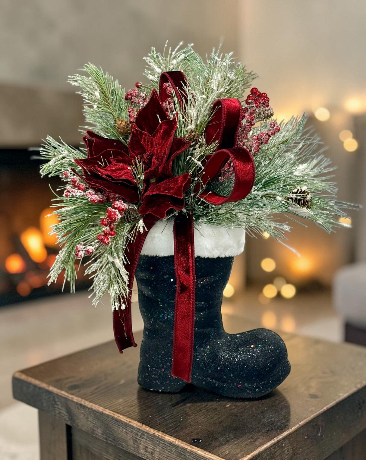 Burgundy Poinsettia Pine Santa Boot Arrangement – 20" Elegant Holiday Floral Decor TCT Crafts